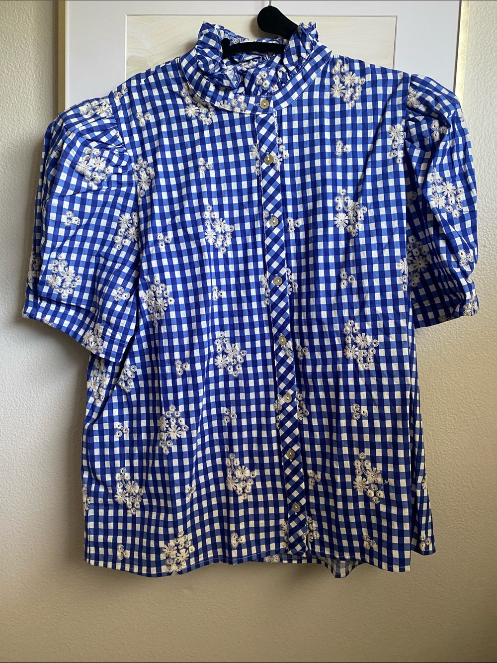 NWT Avara Blue Gingham Puff-Sleeve Button-Up Top with White Embroidery, Sz L